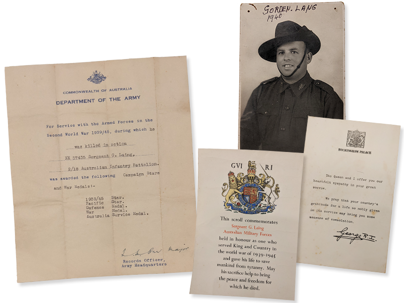 (Clockwise from top) Portrait of Sergeant Gordon Laing in uniform. This belonged to Laing’s sister, Ilena, whom Laing was very close to. There are holes on the corners as Ilena had tacked the portrait on her wall; Condolence letter (undated) and commemoration scroll from King George VI to Gordon Laing’s parents; Letter from the Commonwealth of Australia Department of the Army on the campaign stars and war medals posthumously awarded to Gordon Laing for his service during World War II. Collection of the National Library, Singapore.